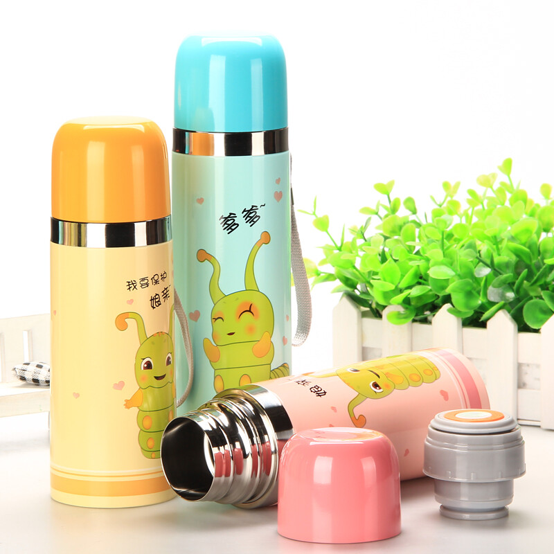 威納菲糖寶保溫杯 雙層不銹鋼真空保暖杯男女士情侶子彈頭保暖杯可愛學(xué)生兒童吊帶飲水 黃色 500ml